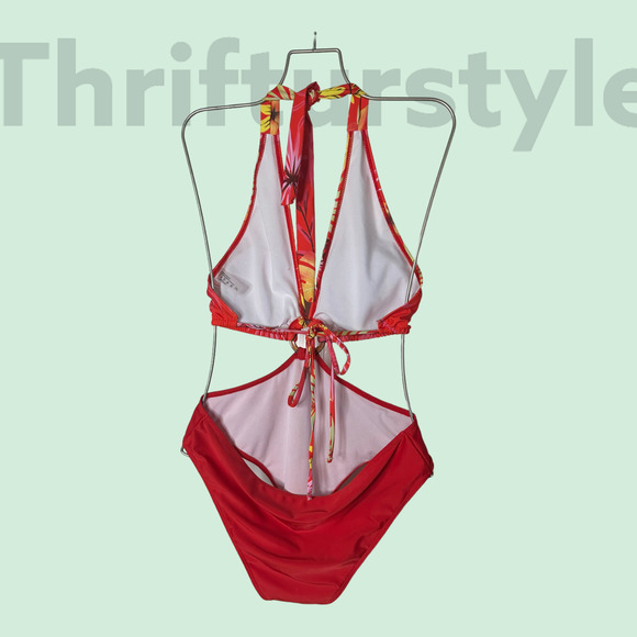 Red Floral Halter One Piece Swimsuit Cut Out Monokini Bathing Suit - Picture 3 of 4